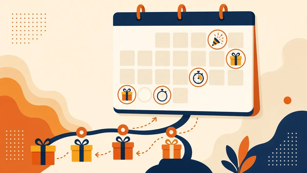 Ilustração de calendário com datas marcadas e caixas de presente em linha do tempo, representando o planejamento de prazos