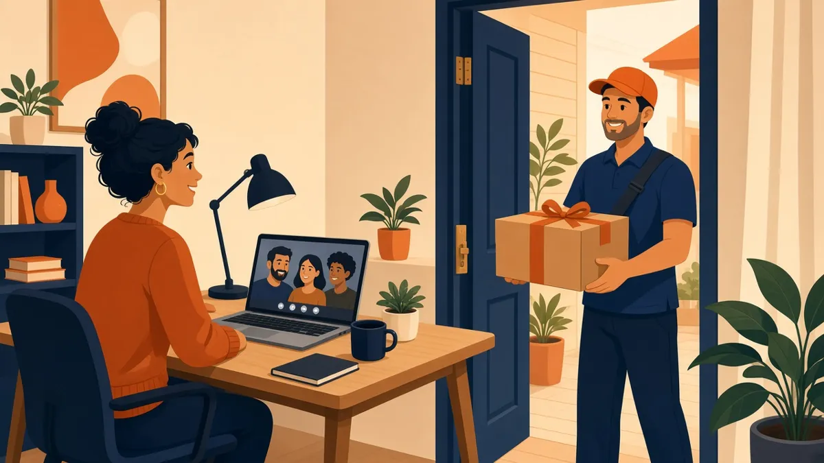 Ilustração de colaboradora em home office recebendo um kit com a marca da empresa entregue na porta de casa