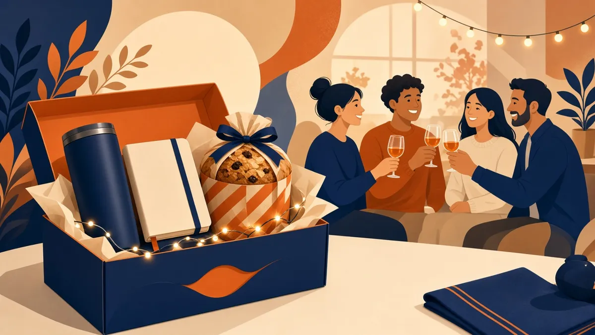 Ilustração de kit de fim de ano com garrafa, caderno e panetone numa caixa com a marca, e colegas brindando ao fundo