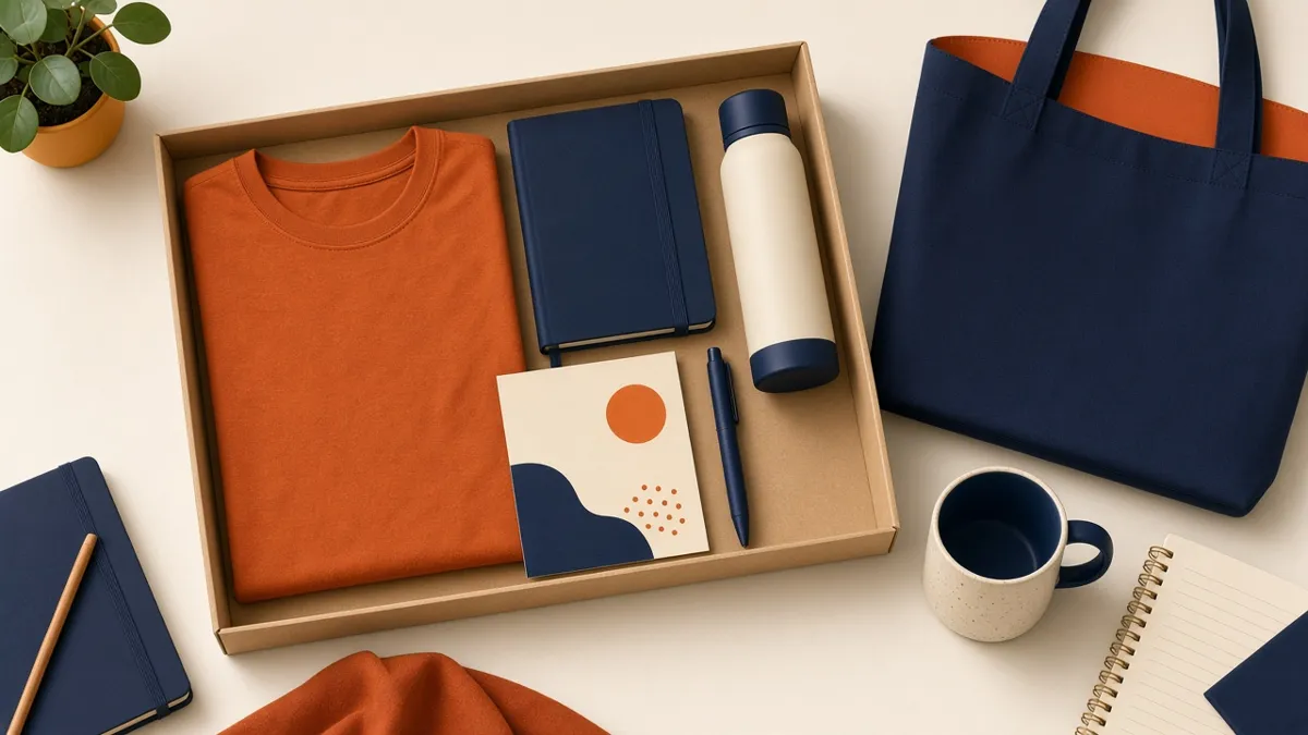 Ilustração de kit de boas-vindas aberto com camiseta, caderno, garrafa e ecobag com a marca da empresa