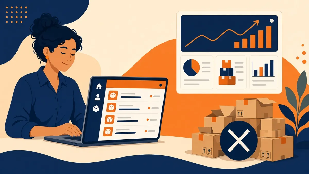 Ilustração de pessoa usando um painel de envios no notebook, com gráficos e caixas ao lado