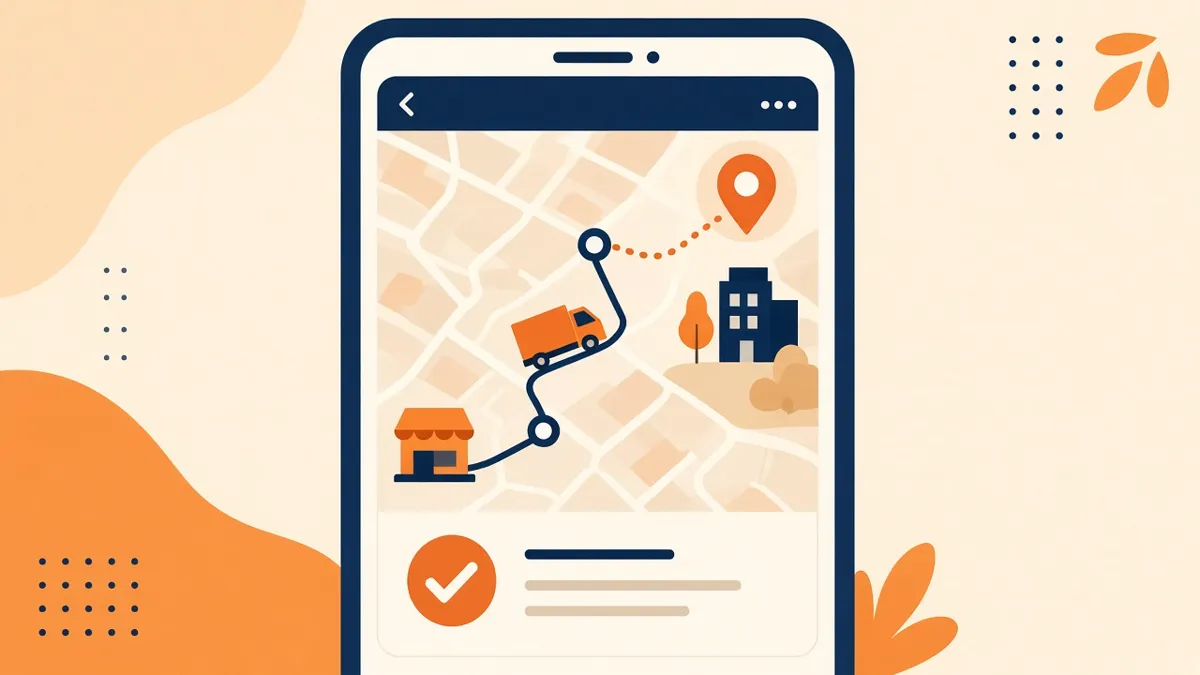 Ilustração de celular mostrando o rastreio de uma entrega no mapa, com caminhão a caminho do destino