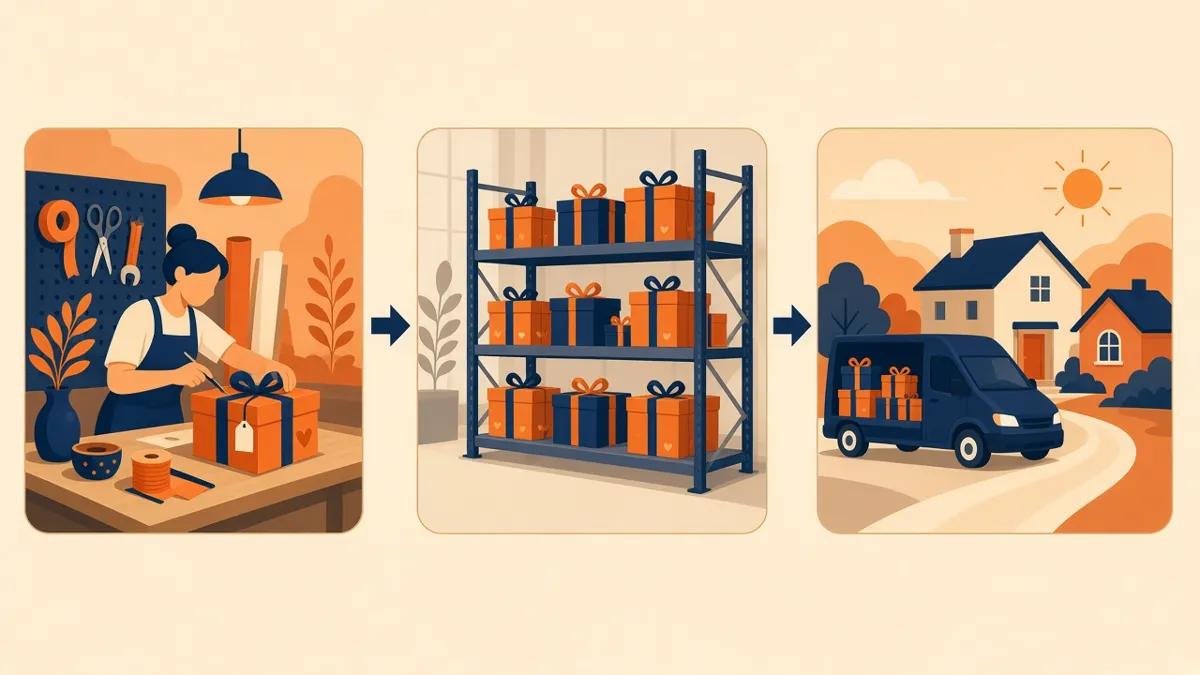 Ilustração em três etapas: produção do kit, estoque em prateleiras e van de entrega chegando a uma casa