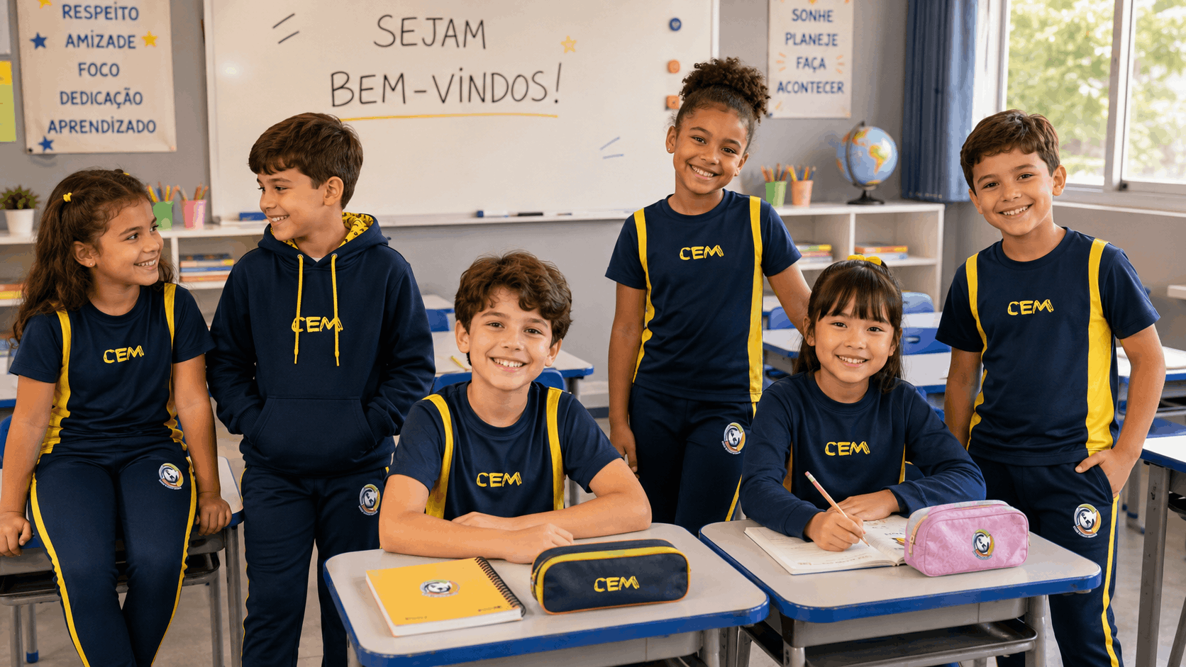 Cliente Escola CEM usando uniforme escolar T&M