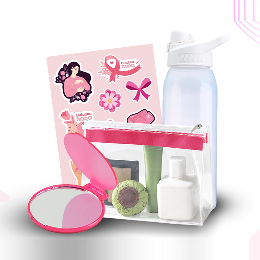Kit Completo Outubro Rosa: garrafa, necessaire transparente com kit banho, espelho de bolso e cartela de adesivos