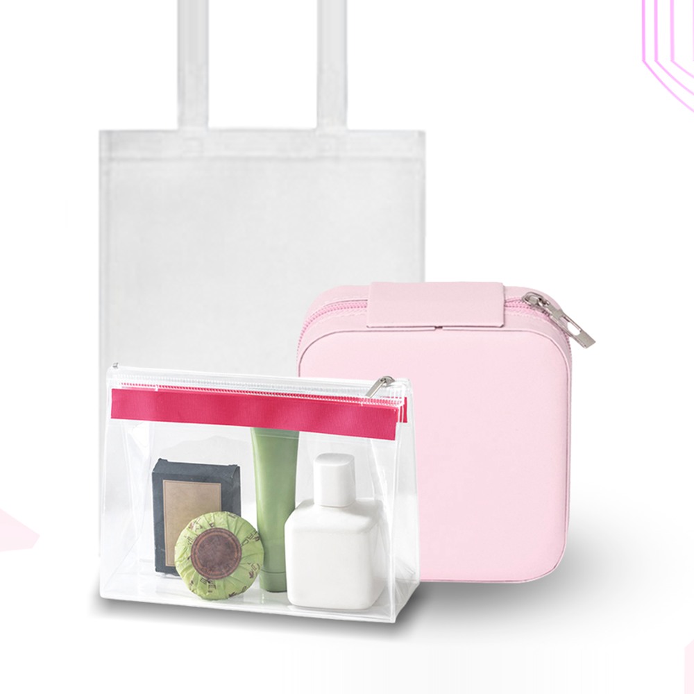 Kit Completo Outubro Rosa: sacola personalizada, necessaire rosa e kit banho em necessaire transparente