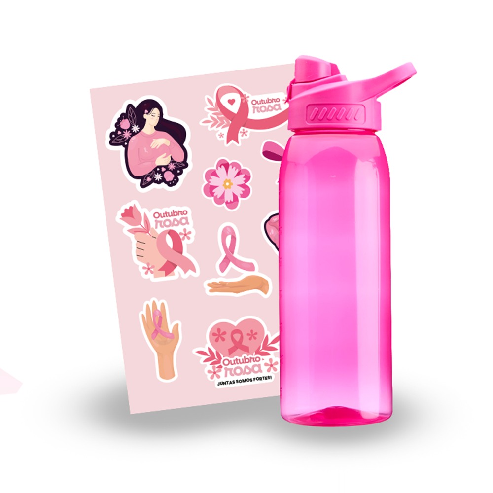 Kit Essencial Outubro Rosa: garrafa rosa personalizada e cartela de adesivos da campanha