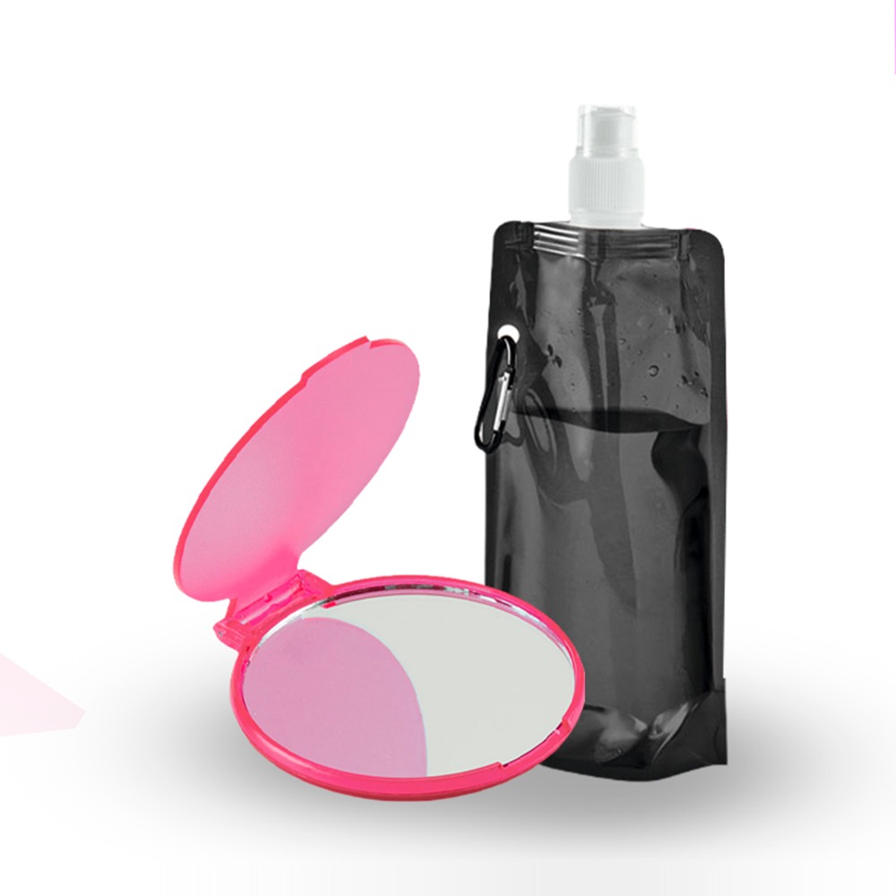 Kit Essencial Outubro Rosa: espelho de bolso e squeeze dobrável