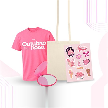 Kit Outubro Rosa com camiseta rosa personalizada, sacola, espelho de bolso e cartela de adesivos da campanha
