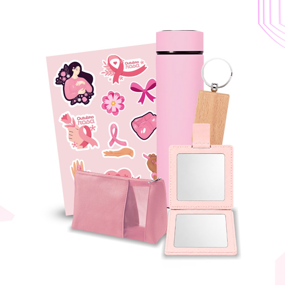 Kit Premium Outubro Rosa: garrafa térmica, necessaire rosa, chaveiro, espelho e cartela de adesivos