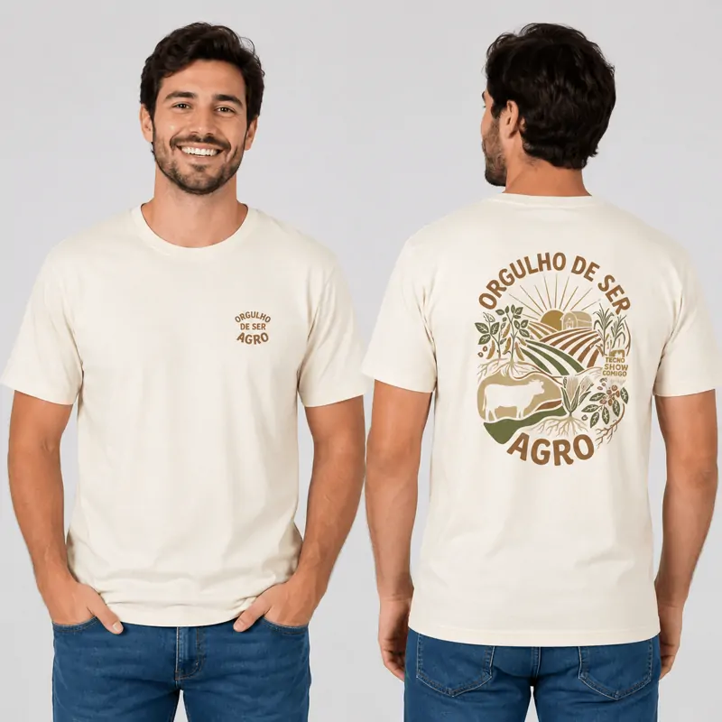 Camiseta de algodão personalizada da Tecnoshow Comigo, frente e costas