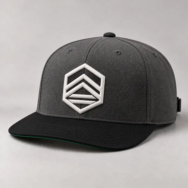 Boné snapback grafite, de aba reta preta, com um emblema em relevo na frente