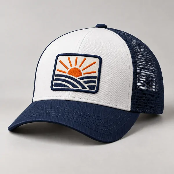 Boné trucker de frente branca, com aba e tela azul-marinho atrás e um patch bordado na frente