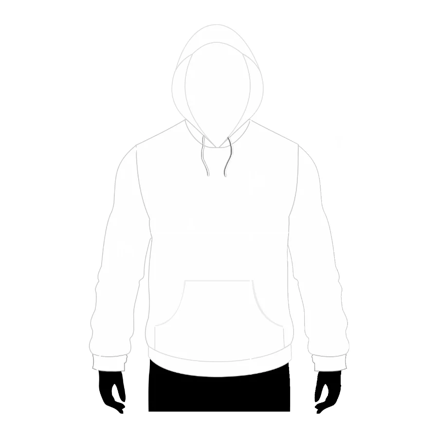 Desenho técnico do moletom canguru na base branca, sem estampa (imagem ilustrativa)