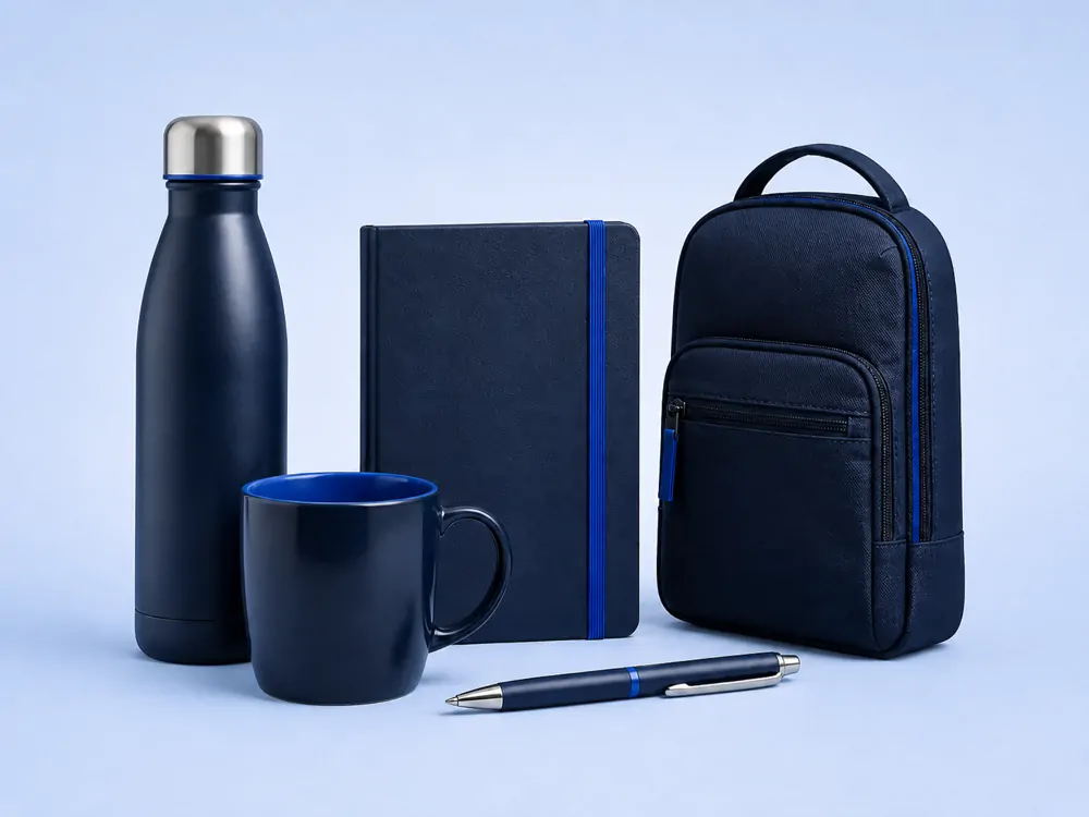 Brindes corporativos: garrafa, caderno e mochila com a marca da empresa