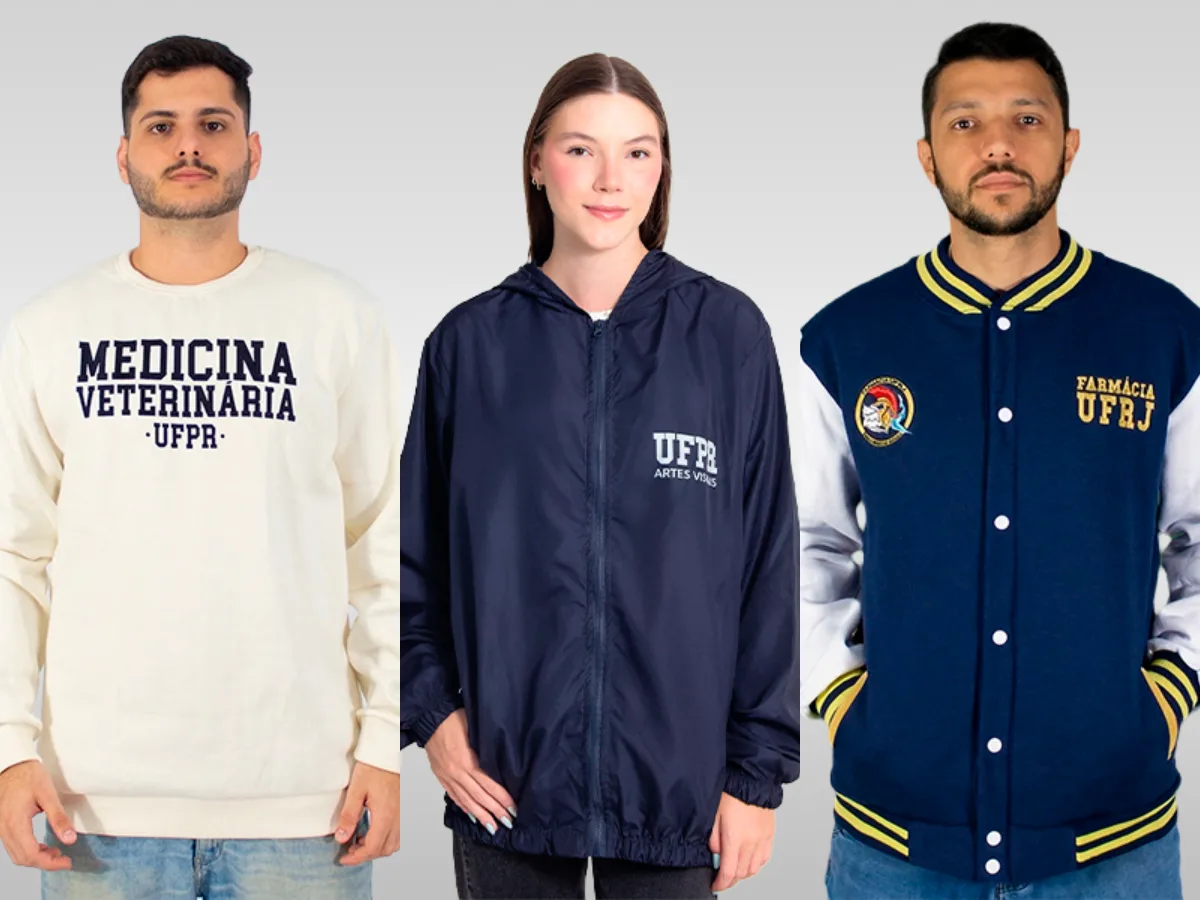 Moletom de Medicina Veterinária da UFPR, corta-vento da UFPR e jaqueta colegial de Farmácia da UFRJ produzidos pela T&M