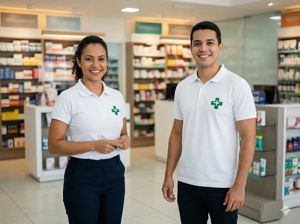 Atendentes de farmácia com camisa polo branca personalizada com a marca da rede