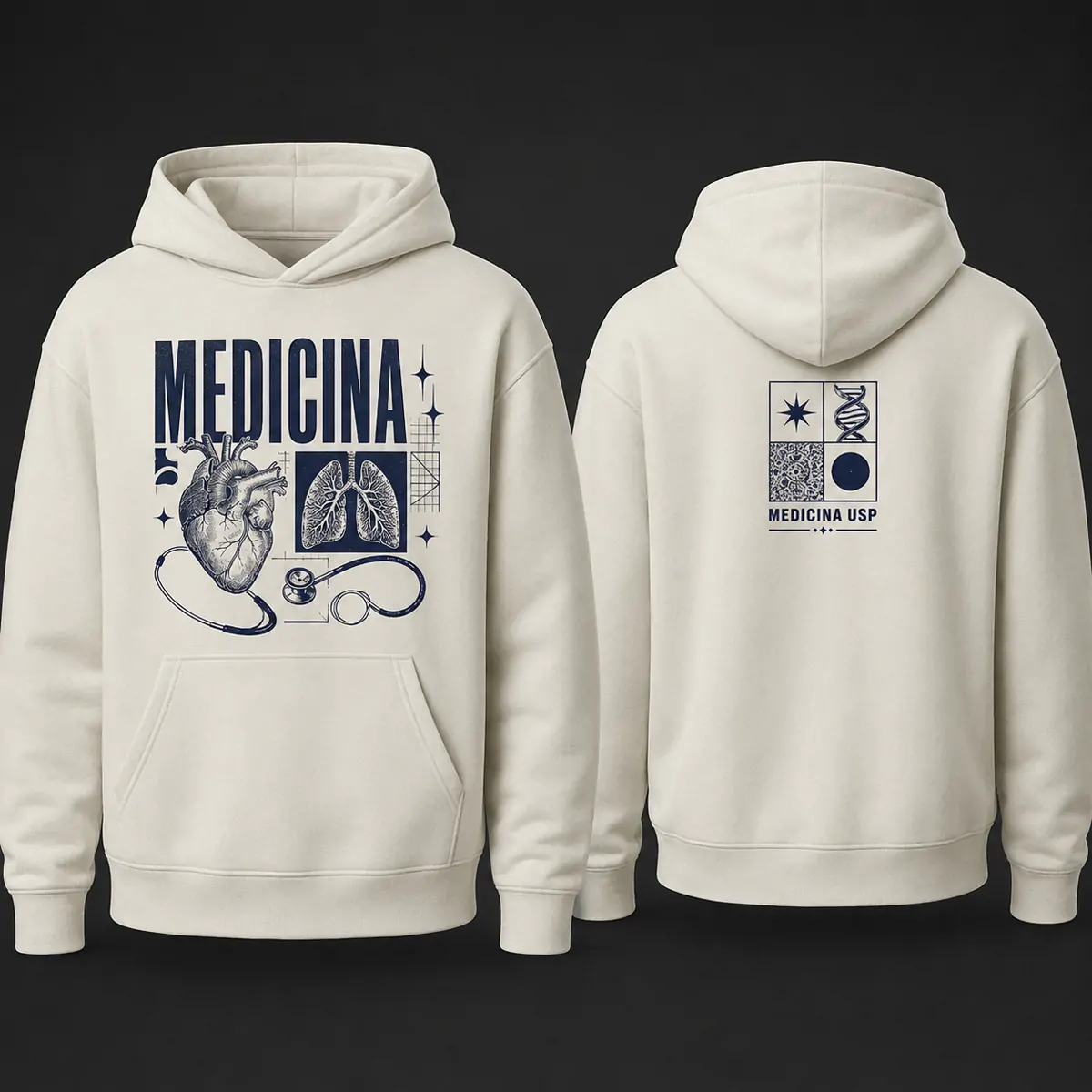 Moletom canguru de turma de Medicina, frente e costas, com a arte da turma