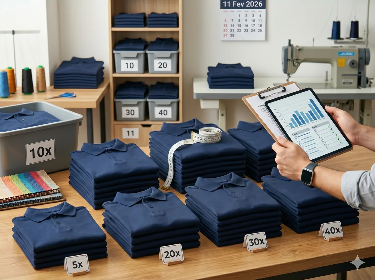 Pilhas de camisas polo azul-marinho separadas por quantidade, com a grade conferida no tablet
