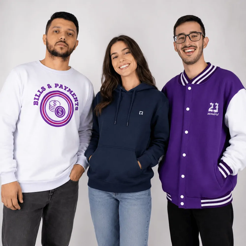 Moletom, moletom canguru e jaqueta colegial personalizados
