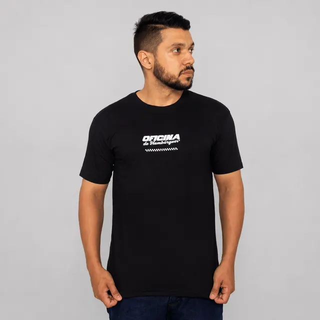 Camiseta de algodão preta personalizada da Oficina do Hambúrguer