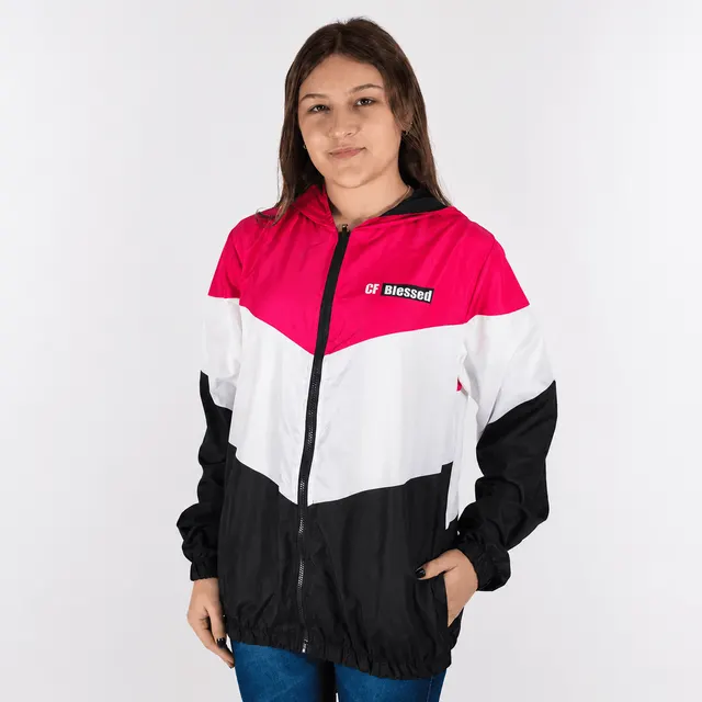 Corta-vento em pink, branco e preto, feito para uma academia