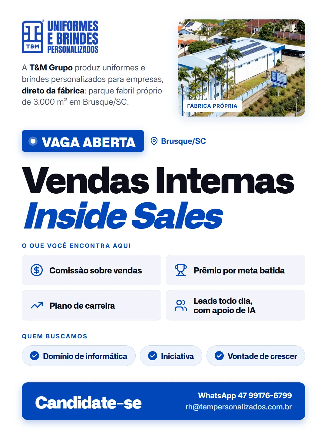 Vaga Vendas Internas / Inside Sales na T&M em Brusque/SC
