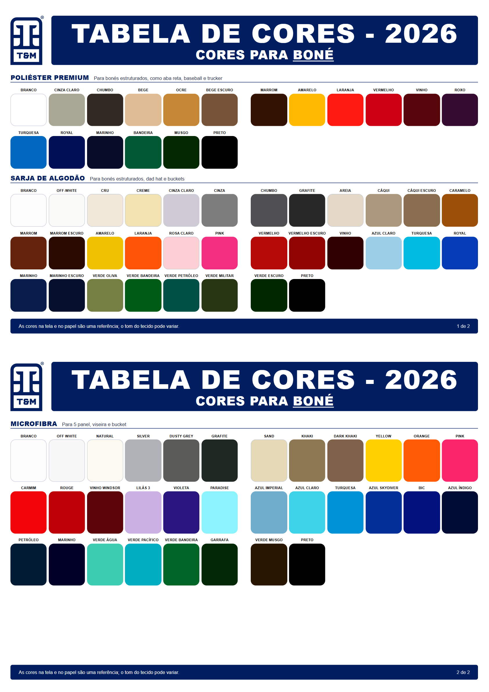 Tabela de cores: boné