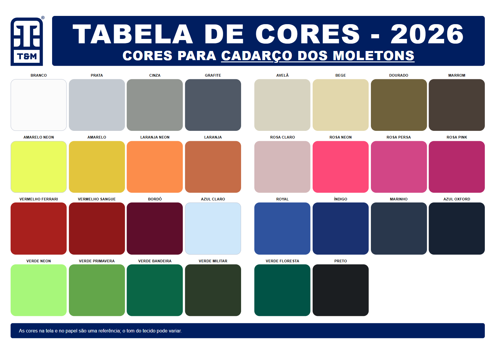 Tabela de cores: moletom canguru, cores do cadarço