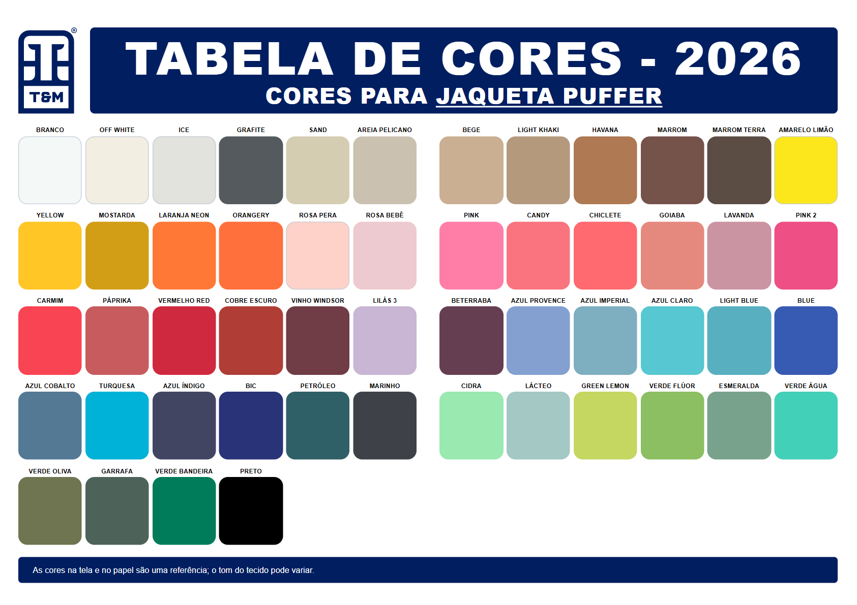 Tabela de cores: jaqueta puffer