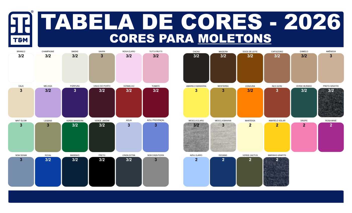 Tabela de cores: moletom canguru, cores do moletom