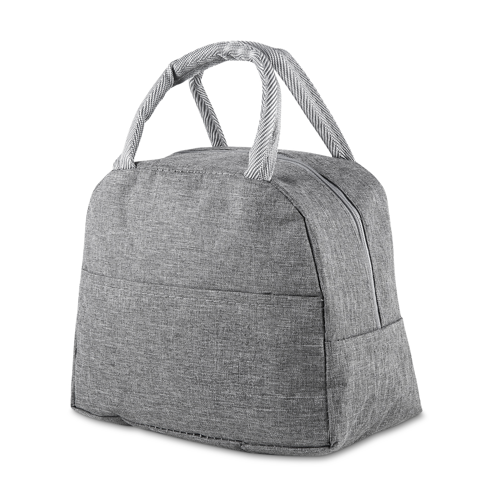 Bolsa térmica em poliéster com bolso frontal na cor Cinza, personalizada com a logo da empresa