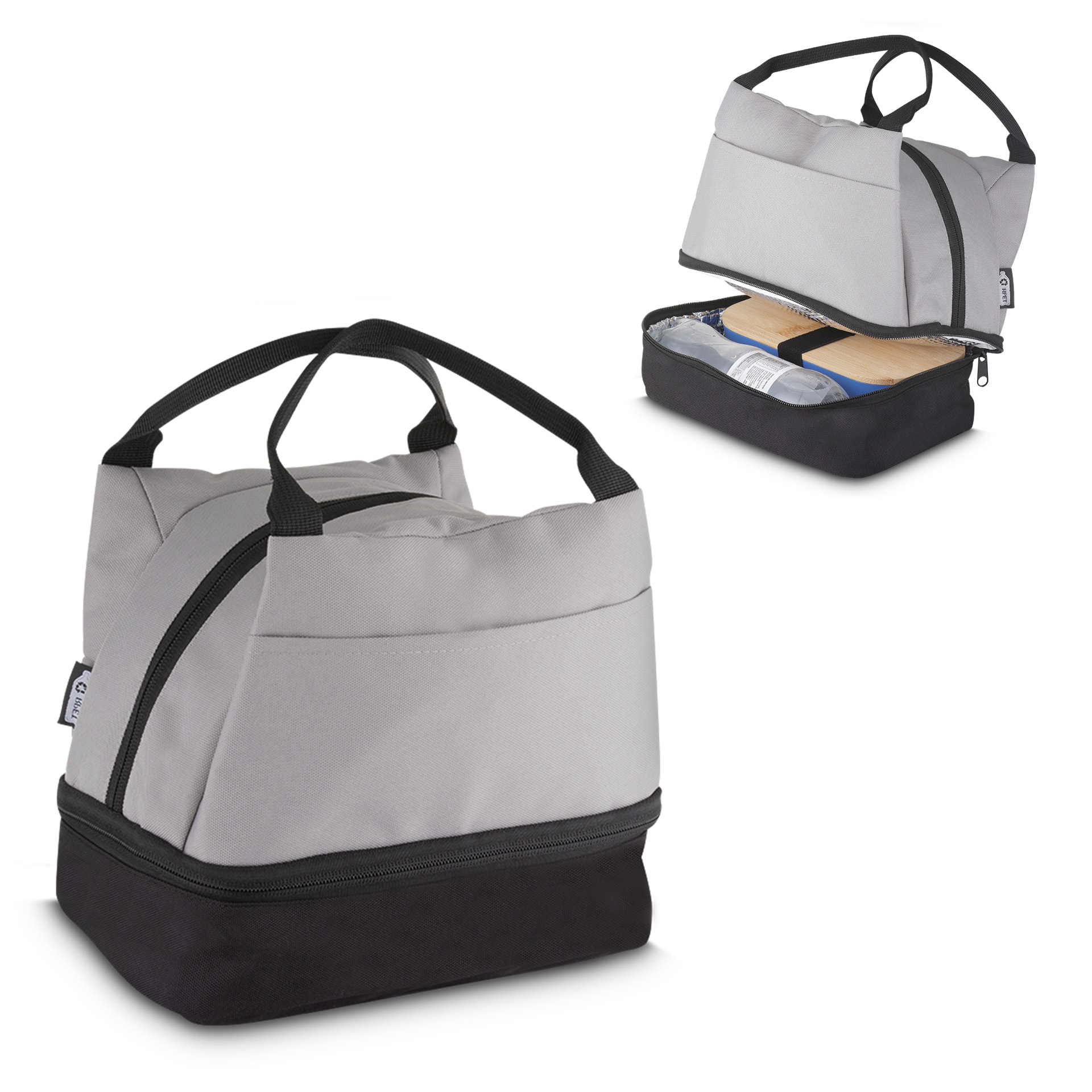 Bolsa térmica em PET reciclado com 2 compartimentos e bolso frontal, foto 1