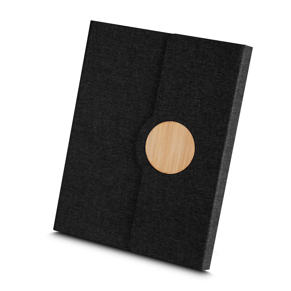Caderno A5 capa em RPET e detalhe em bambu pautado com porta-caneta, foto 2