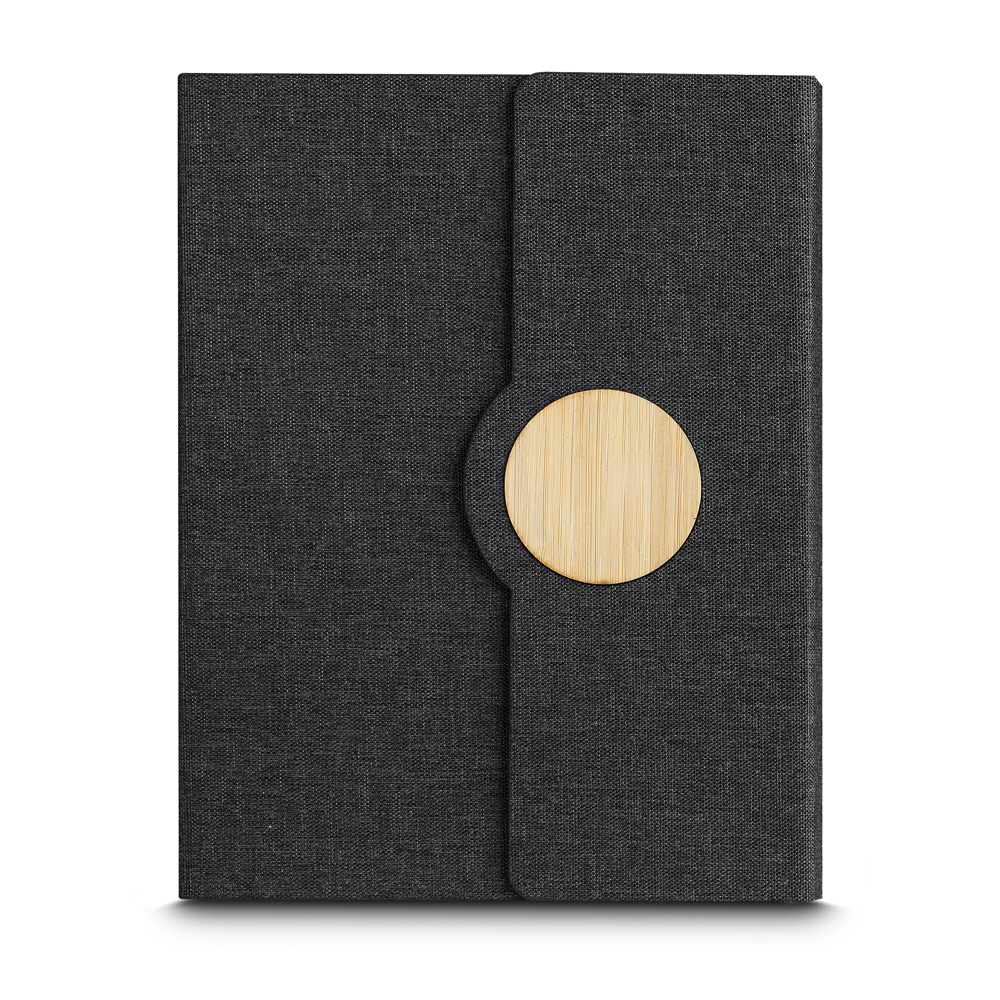 Caderno A5 capa em RPET e detalhe em bambu pautado com porta-caneta, foto 3