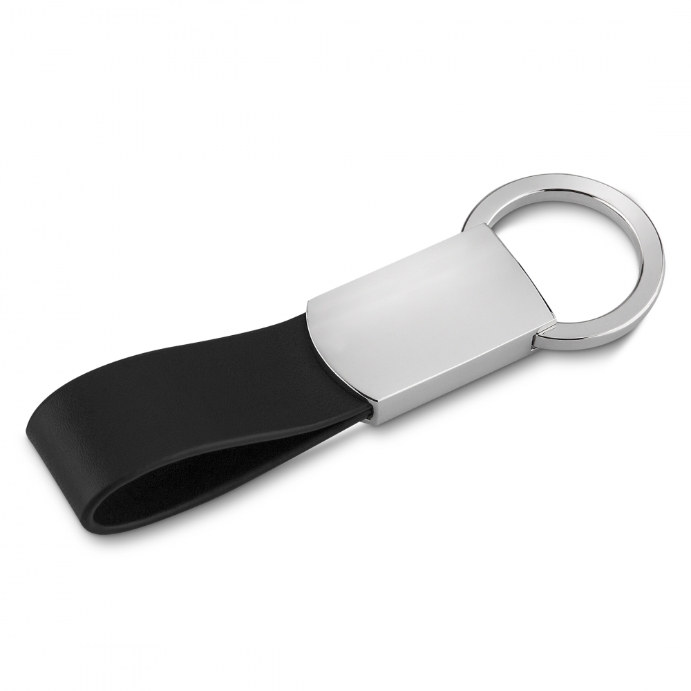 Chaveiro de metal com alça de couro sintético na cor Preto, personalizado com a logo da empresa