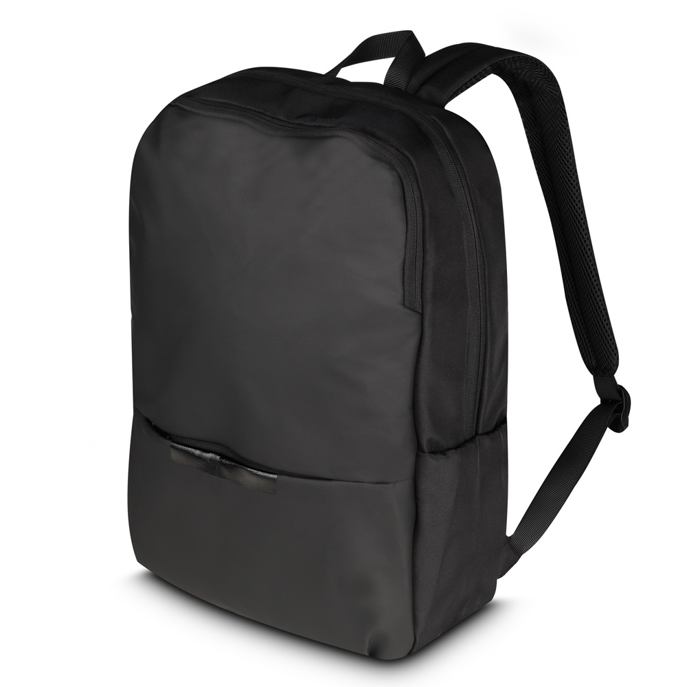 Mochila para notebook em poliéster 600D e PU com bolso frontal na cor Preto, personalizada com a logo da empresa