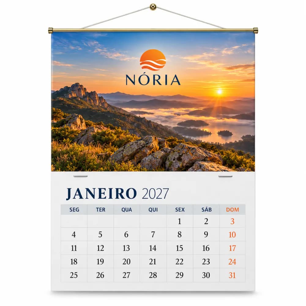 Calendário de parede com vareta e bloco personalizado com a logo da empresa