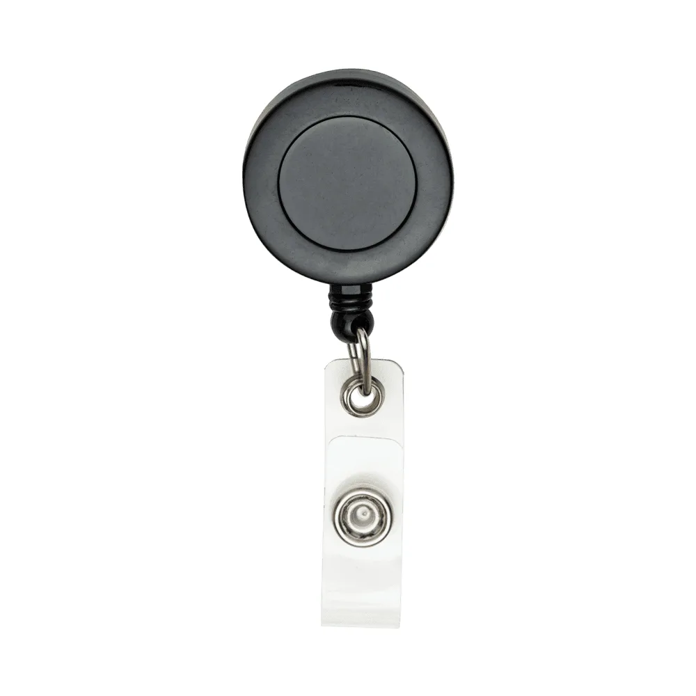 Porta-crachá retrátil roller clip com etiqueta resinada na cor Preto, personalizado com a logo da empresa