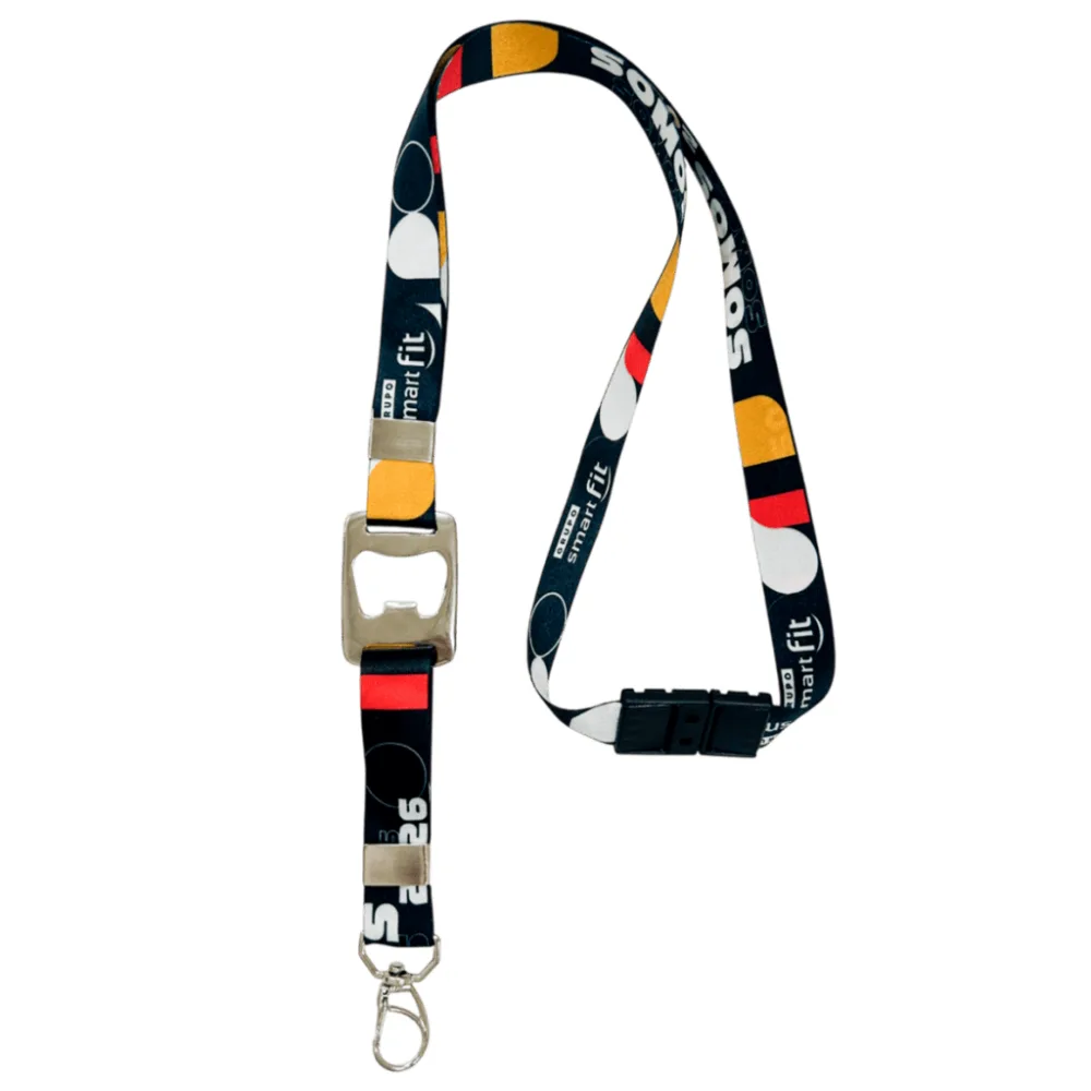 Cordão com abridor de garrafa coração e trava de segurança 20 mm personalizado com a logo da empresa