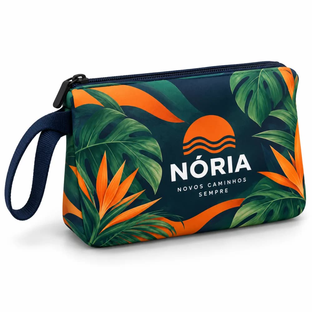 Necessaire de neoprene com alça personalizada com a logo da empresa
