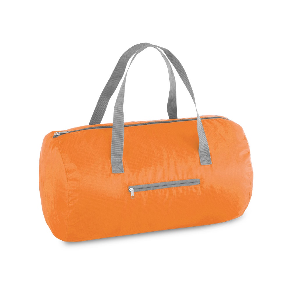 Sacola esportiva dobrável em 210D ripstop com bolso frontal personalizada com a logo da empresa, na cor laranja