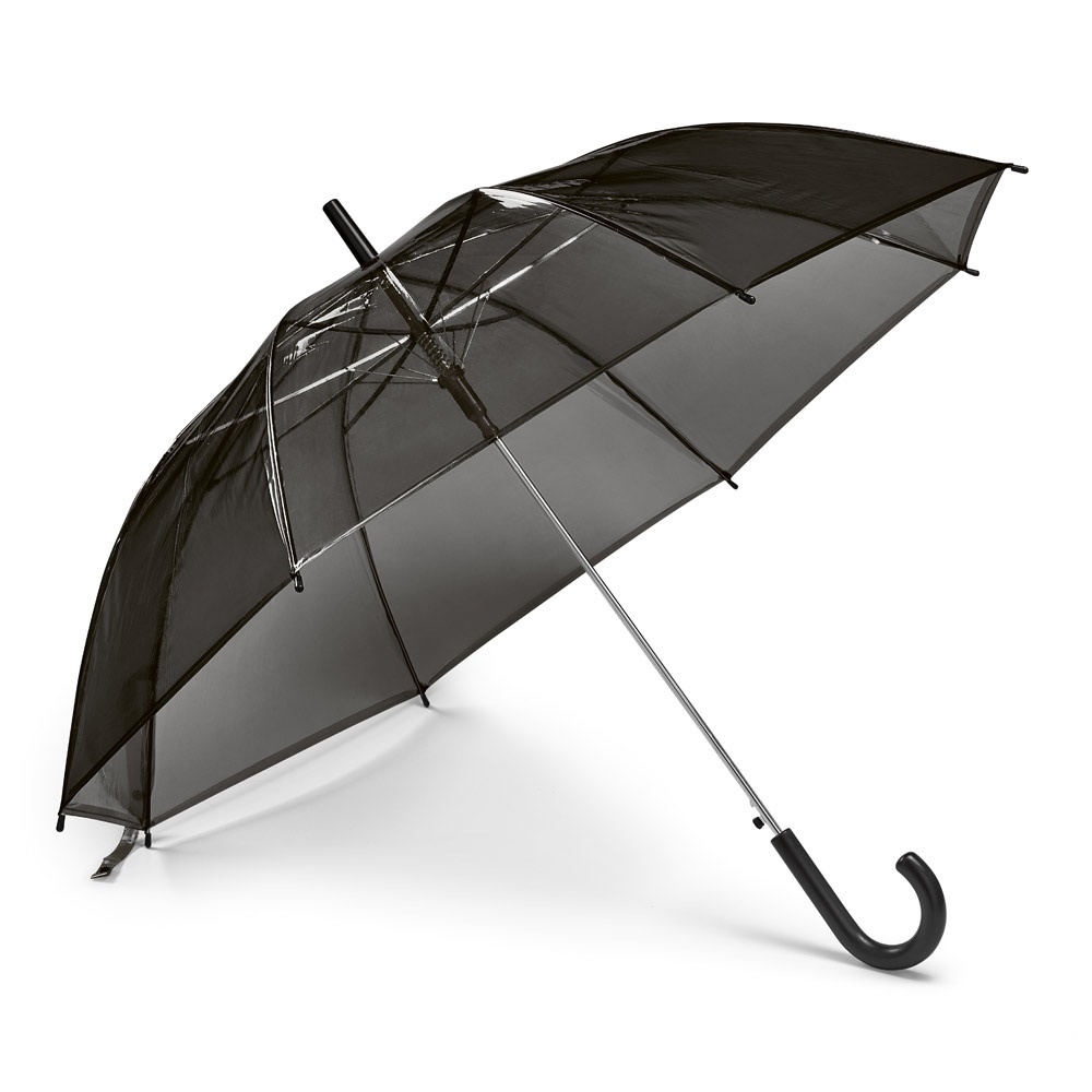 Guarda-chuva transparente em POE automático com acabamento preto personalizado com a logo da empresa