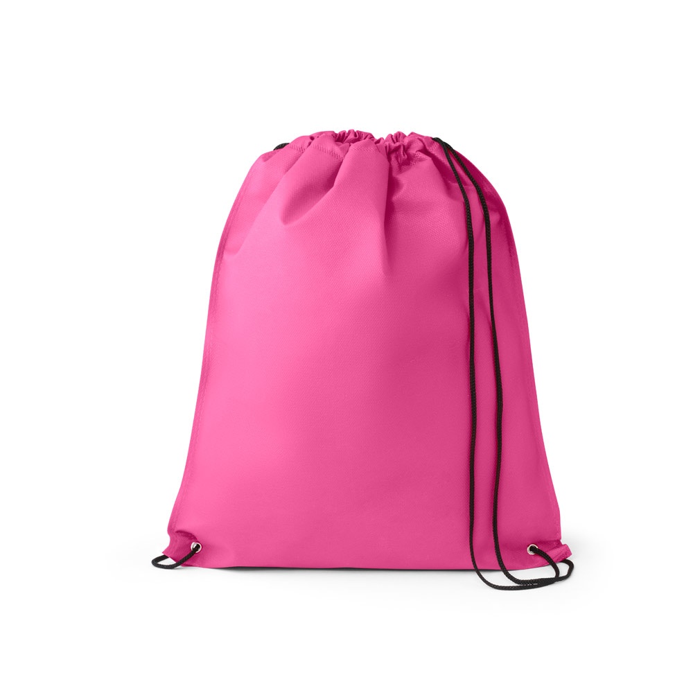 Sacola tipo mochila em non-woven (80 g/m²) termo-selado personalizada com a logo da empresa, na cor rosa
