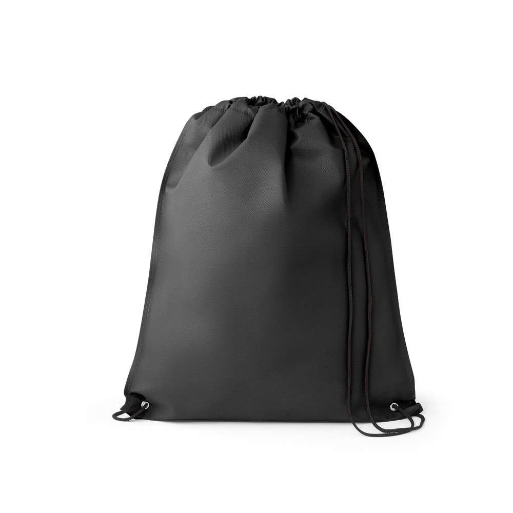 Sacola tipo mochila em non-woven (80 g/m²) termo-selado na cor Preto, personalizada com a logo da empresa
