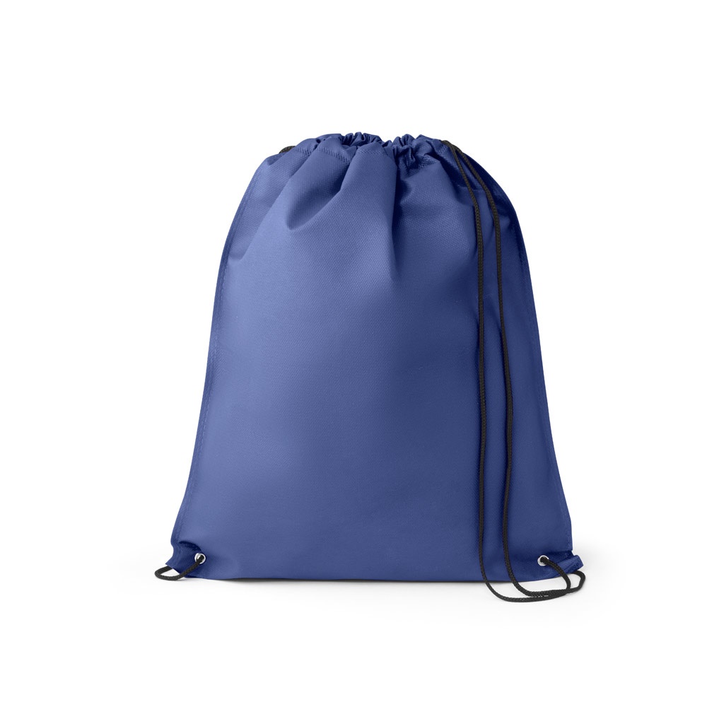 Sacola tipo mochila em non-woven (80 g/m²) termo-selado personalizada com a logo da empresa, na cor azul