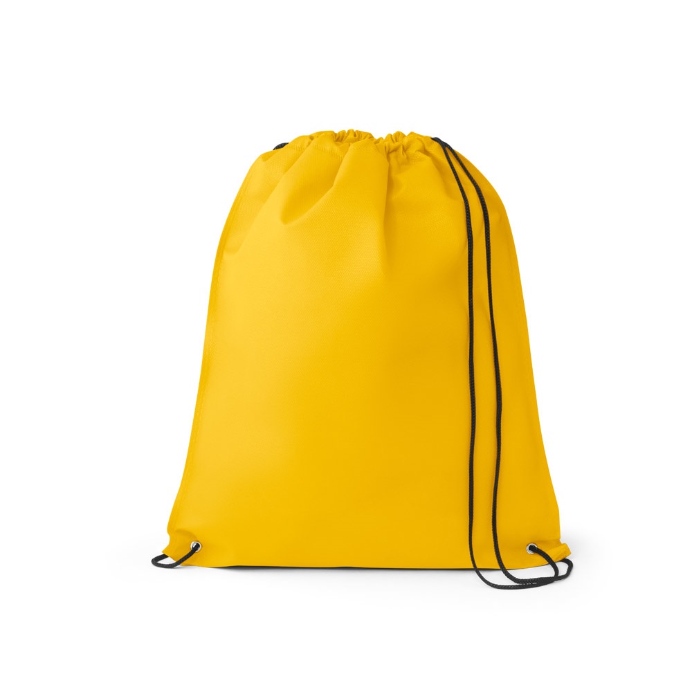 Sacola tipo mochila em non-woven (80 g/m²) termo-selado personalizada com a logo da empresa, na cor amarelo