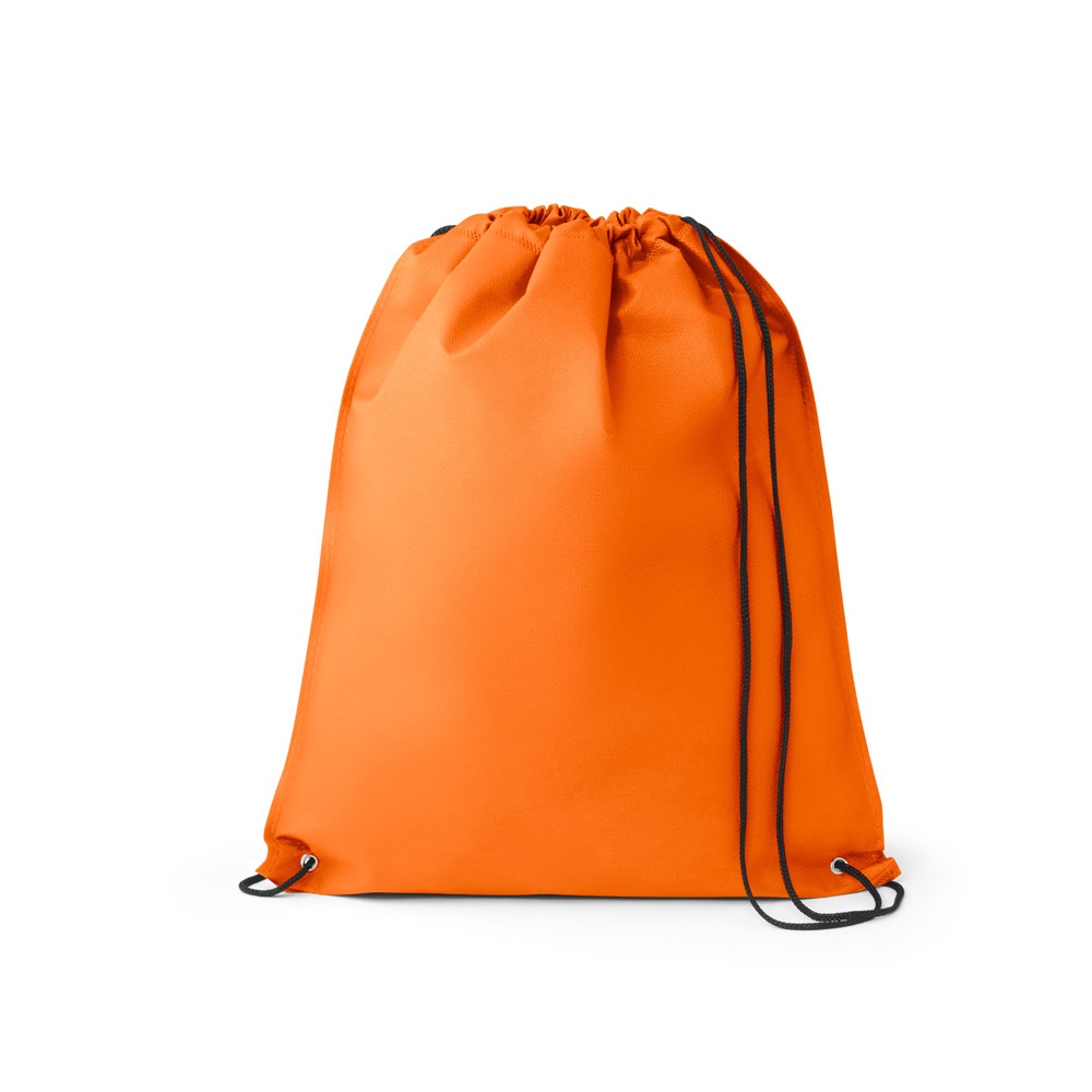 Sacola tipo mochila em non-woven (80 g/m²) termo-selado personalizada com a logo da empresa, na cor laranja