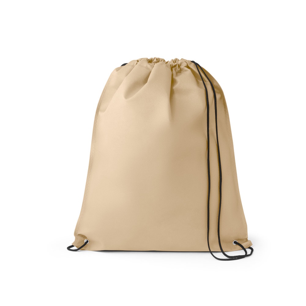 Sacola tipo mochila em non-woven (80 g/m²) termo-selado personalizada com a logo da empresa, na cor bege