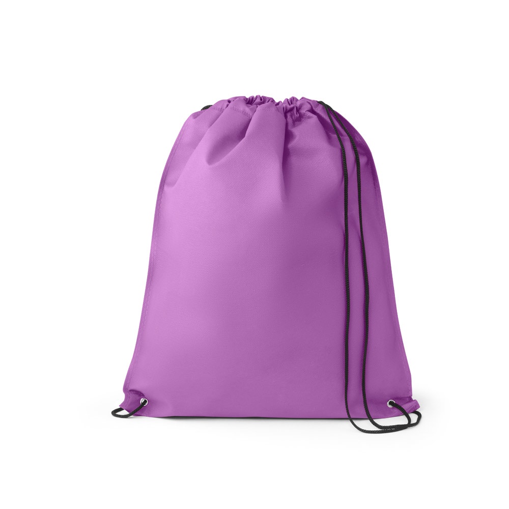 Sacola tipo mochila em non-woven (80 g/m²) termo-selado personalizada com a logo da empresa, na cor roxo